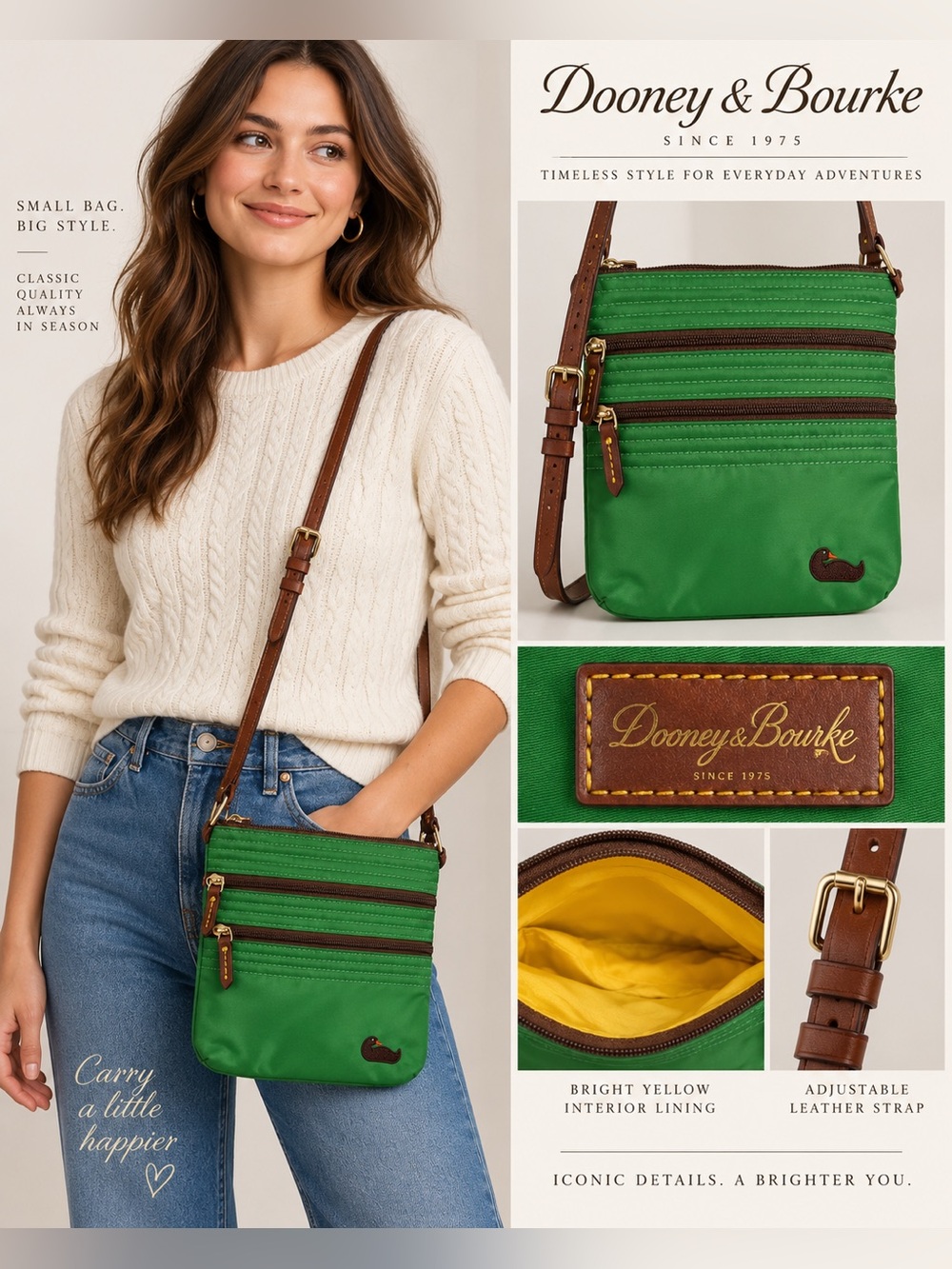 Dooney & Bourke Green Nylon Crossbody Bag Brown Leather Duck Logo